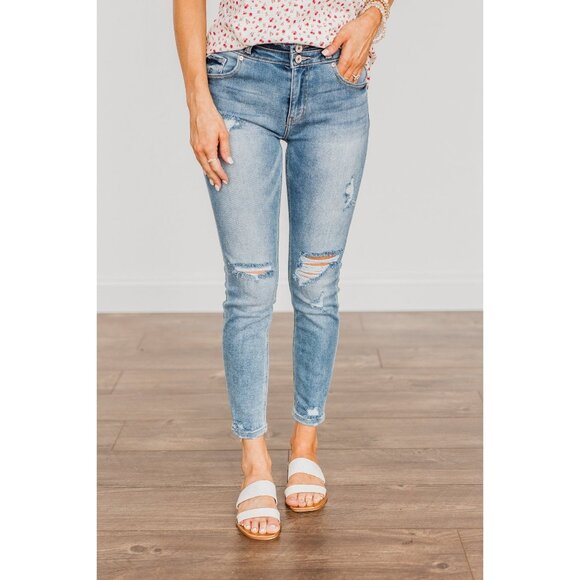 KANCAN Skinny Distressed Ripped Raw Hem Denim Blue Jeans Womens 25 - Picture 1 of 11